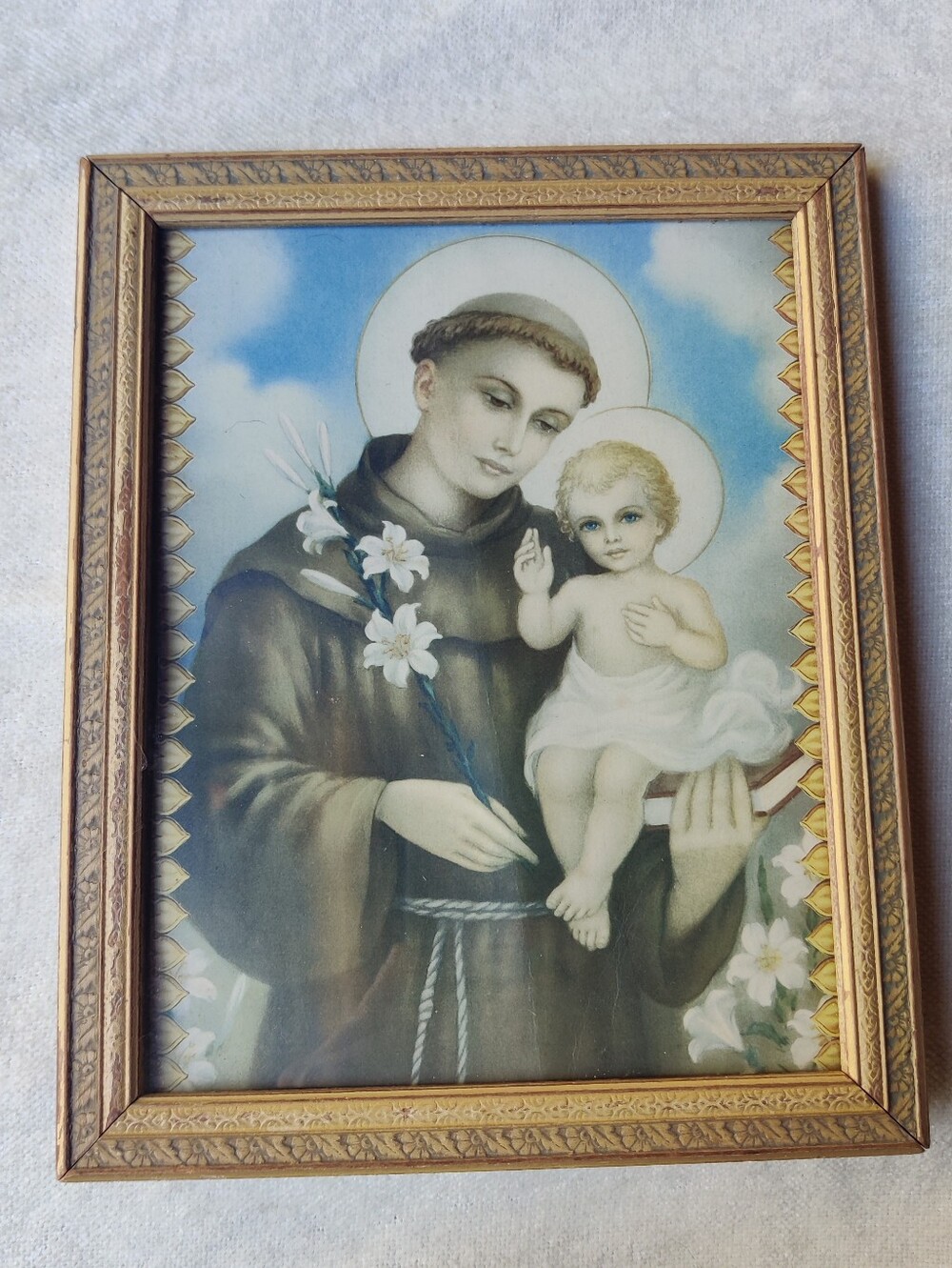 60s Saint Anthony Child Jesus Devotional White Lilies Framed Holy Card Catholic